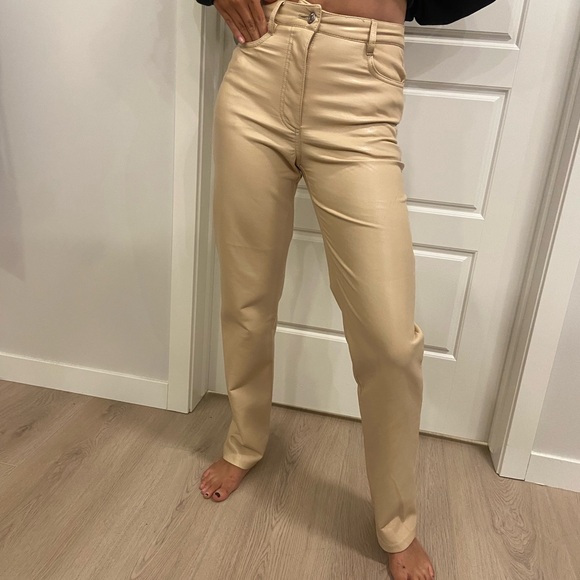 Stylish Tan Faux Leather Pants - Picture 1 of 9